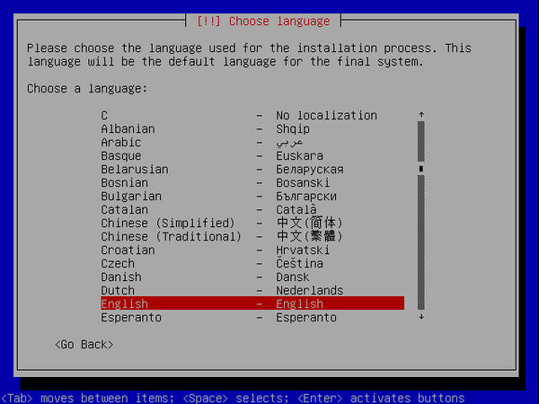 écran debian de choix de langue d'installation