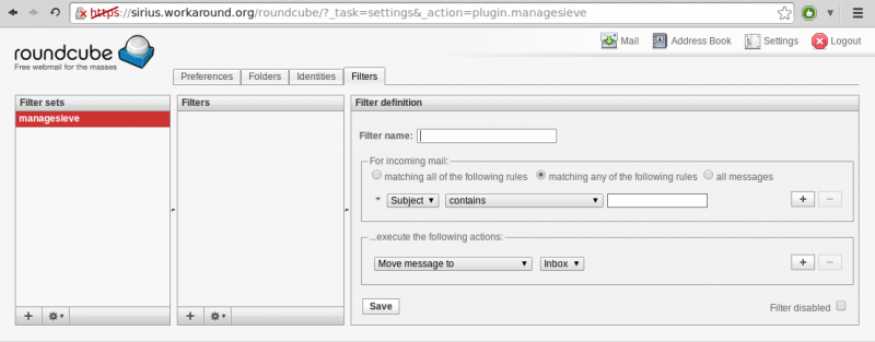 Interface sieve de Roundcube